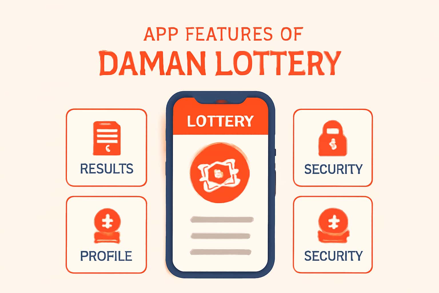 Informational scene highlighting Daman Lottery app features with clear text.
