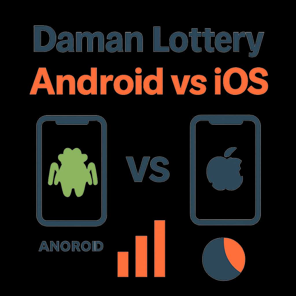 An educational diagram comparing the Daman Lottery app on Android and iOS.
