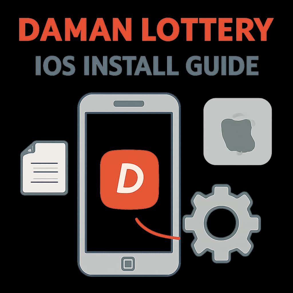 Illustration detailing the installation steps for Daman Lottery on iOS.