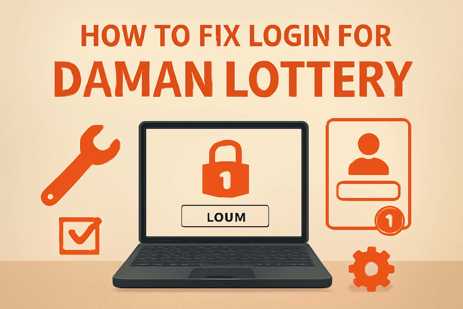 An illustration showing troubleshooting steps for Daman Lottery login issues with thematic colors.